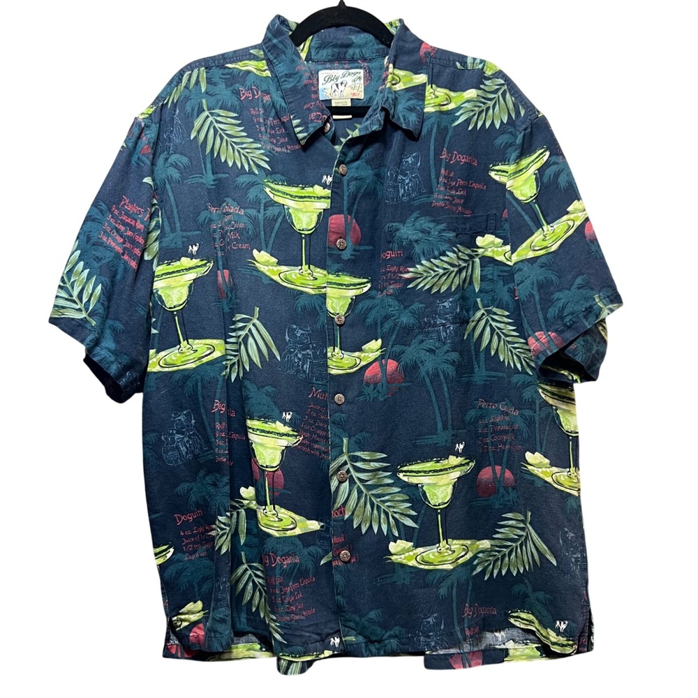 Vintage Big Dogs Hawaiian Shirt Margarita Palm Tree Print Linen Blend 2X Blue
